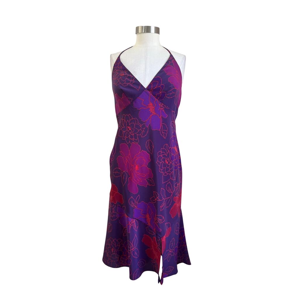 Vintage Y2K Purple Floral Satin Midi Dress NWT Size 9/10 Bias Cut Slip